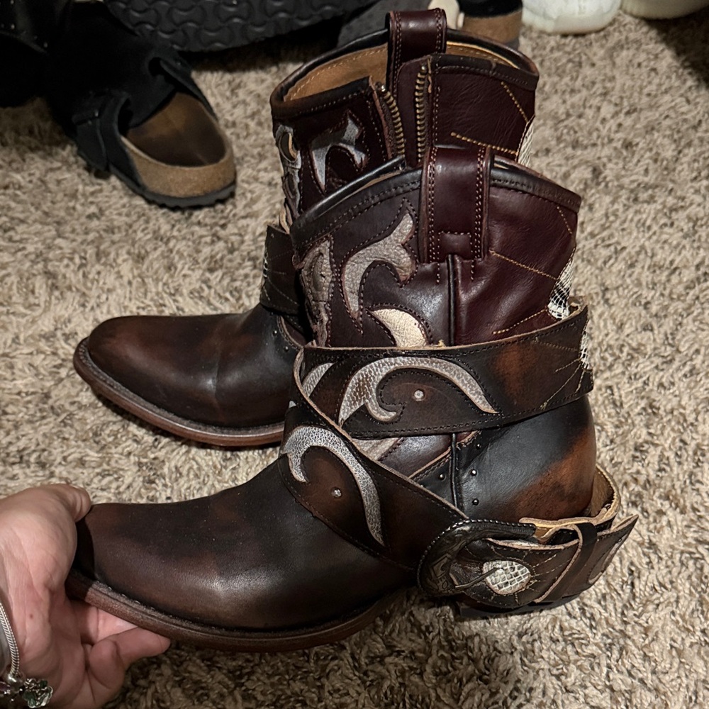 freebird Brown Leather Western Ankle Boots with Embroidered Straps